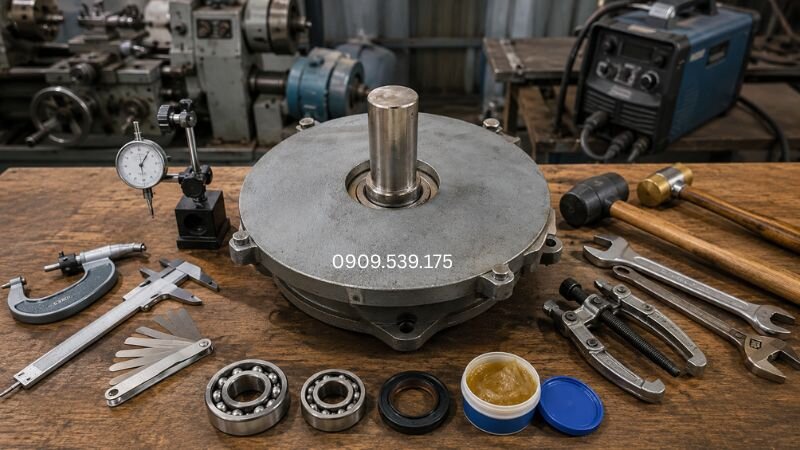 Chuẩn bị dụng cụ cần thiết để sửa chữa trục motor giảm tốc bị mòn